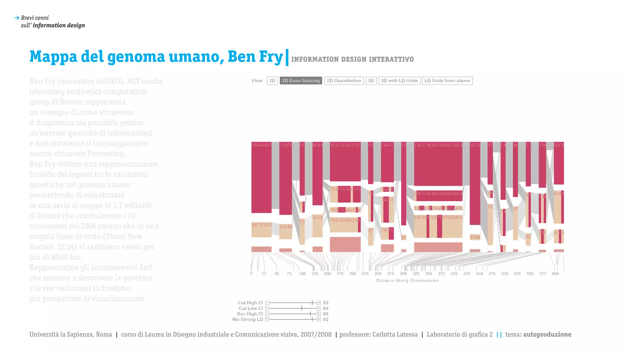 > Brevi cenni
  sull’ information design




     Mappa del genoma umano, Ben Fry|information design interattivo
     Ben Fry ricercatore dell’ACG, MIT media
     laboratory aesthetics computation
     group di Boston rappresenta
     un esempio di come attraverso
     il diagramma sia possibile gestire
     un’enorme quantità di informazioni
     e dati attraverso il linguaggio open
     source chiamato Processing.
     Ben Fry ottiene una rappresentazione
     fruibile dei legami tra le variazioni
     genetiche nel genoma umano
     permettendo di visualizzare
     in una serie di mappe le 3,1 miliardi
     di lettere che costituiscono i 24
     cromosomi del DNA umano che in una
     singola linea di testo (Times New
     Roman, 12 pt) si sarebbero estesi per
     più di 8000 km.
     Rappresentare gli innumerevoli dati
     che servono a descrivere la genetica
     e le sue variazioni richiedono
     più prospettive di visualizzazione.



     Università la Sapienza, Roma | corso di Laurea in Disegno industriale e Comunicazione visiva, 2007/2008 | professore: Carlotta Latessa | Laboratorio di grafica 2 || tema: autoproduzione
 