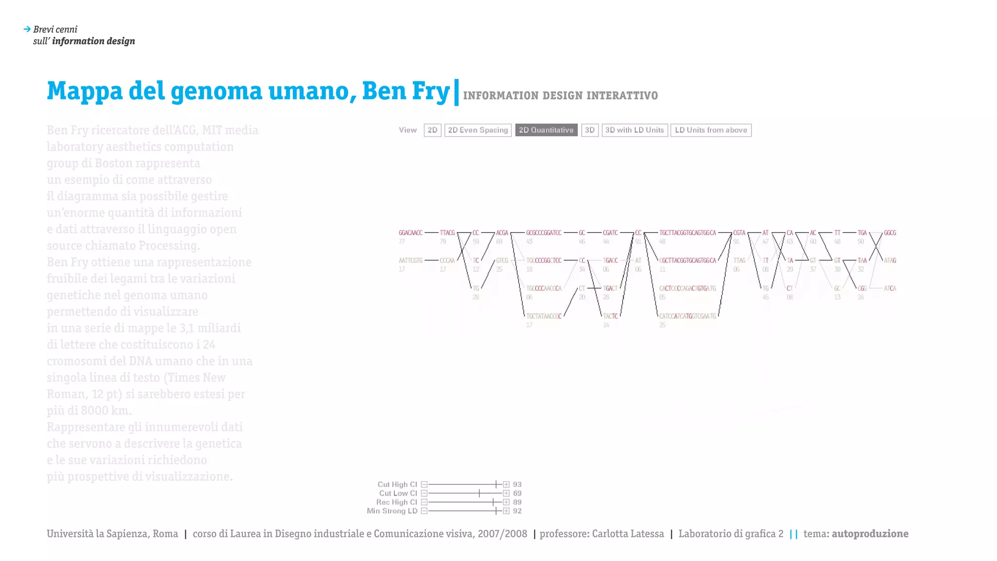 > Brevi cenni
  sull’ information design




     Mappa del genoma umano, Ben Fry|information design interattivo
     Ben Fry ricercatore dell’ACG, MIT media
     laboratory aesthetics computation
     group di Boston rappresenta
     un esempio di come attraverso
     il diagramma sia possibile gestire
     un’enorme quantità di informazioni
     e dati attraverso il linguaggio open
     source chiamato Processing.
     Ben Fry ottiene una rappresentazione
     fruibile dei legami tra le variazioni
     genetiche nel genoma umano
     permettendo di visualizzare
     in una serie di mappe le 3,1 miliardi
     di lettere che costituiscono i 24
     cromosomi del DNA umano che in una
     singola linea di testo (Times New
     Roman, 12 pt) si sarebbero estesi per
     più di 8000 km.
     Rappresentare gli innumerevoli dati
     che servono a descrivere la genetica
     e le sue variazioni richiedono
     più prospettive di visualizzazione.



     Università la Sapienza, Roma | corso di Laurea in Disegno industriale e Comunicazione visiva, 2007/2008 | professore: Carlotta Latessa | Laboratorio di grafica 2 || tema: autoproduzione
 