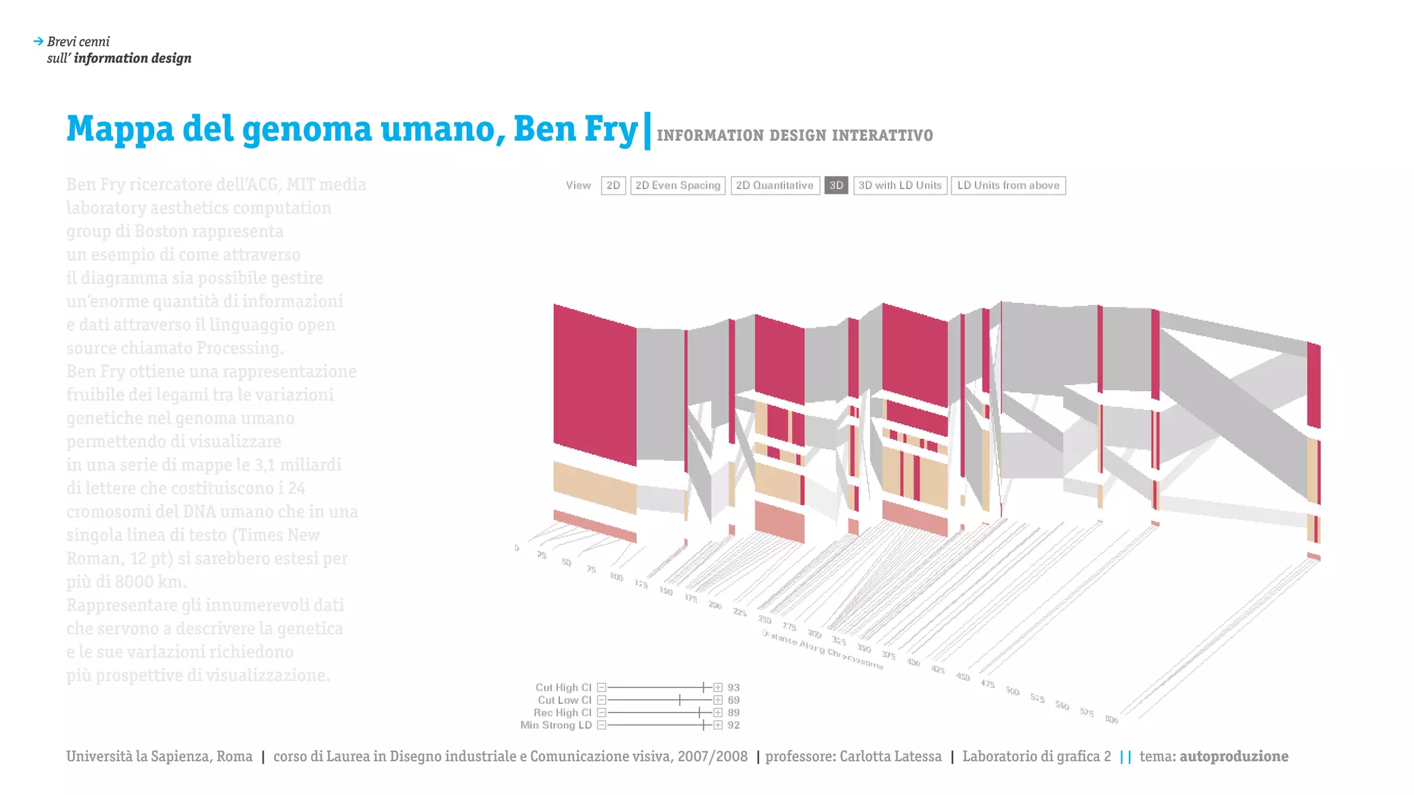 > Brevi cenni
  sull’ information design




     Mappa del genoma umano, Ben Fry|information design interattivo
     Ben Fry ricercatore dell’ACG, MIT media
     laboratory aesthetics computation
     group di Boston rappresenta
     un esempio di come attraverso
     il diagramma sia possibile gestire
     un’enorme quantità di informazioni
     e dati attraverso il linguaggio open
     source chiamato Processing.
     Ben Fry ottiene una rappresentazione
     fruibile dei legami tra le variazioni
     genetiche nel genoma umano
     permettendo di visualizzare
     in una serie di mappe le 3,1 miliardi
     di lettere che costituiscono i 24
     cromosomi del DNA umano che in una
     singola linea di testo (Times New
     Roman, 12 pt) si sarebbero estesi per
     più di 8000 km.
     Rappresentare gli innumerevoli dati
     che servono a descrivere la genetica
     e le sue variazioni richiedono
     più prospettive di visualizzazione.



     Università la Sapienza, Roma | corso di Laurea in Disegno industriale e Comunicazione visiva, 2007/2008 | professore: Carlotta Latessa | Laboratorio di grafica 2 || tema: autoproduzione
 