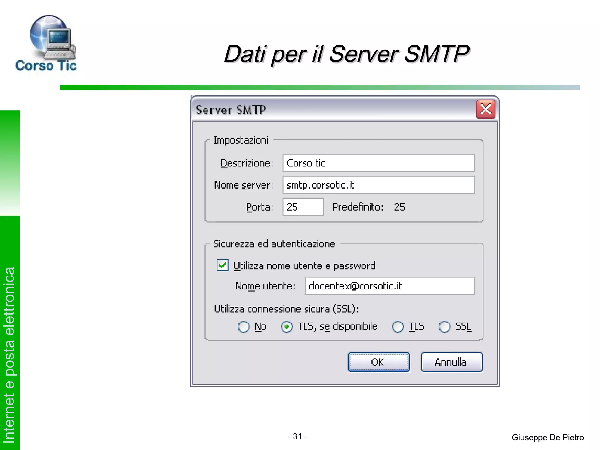 Dati per il Server SMTP
Internet e posta elettronica




                                     - 31 -              Giuseppe De Pietro
 