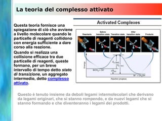 La teoria del complesso attivato
Questa teoria fornisce una
spiegazione di ciò che avviene
a livello molecolare quando le
particelle di reagenti collidono
con energia sufficiente a dare
corso alla reazione.
Quando si realizza una
collisione efficace tra due
particelle di reagenti, queste
formano, per un breve
intervallo di tempo detto stato
di transizione, un aggregato
intermedio, detto complesso
attivato.
Questo è tenuto insieme da deboli legami intermolecolari che derivano
da legami originari, che si stanno rompendo, e da nuovi legami che si
stanno formando e che diventeranno i legami dei prodotti.
 