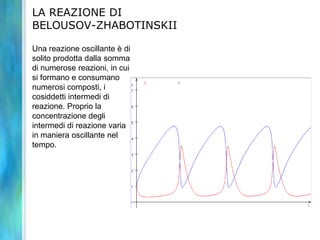 LA REAZIONE DI
BELOUSOV-ZHABOTINSKII
Una reazione oscillante è di
solito prodotta dalla somma
di numerose reazioni, in cui
si formano e consumano
numerosi composti, i
cosiddetti intermedi di
reazione. Proprio la
concentrazione degli
intermedi di reazione varia
in maniera oscillante nel
tempo.
 