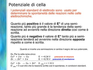 Potenziale di cella
I potenziali standard di elettrodo sono usato per
determinare la spontaneità delle reazioni nelle celle
elettrochimiche.
Quanto più positivo è il valore di E° di una semi-
reazione, tanto più grande è la tendenza della semi-
reazione ad avvenire nella direzione diretta così come è
scritta.
Quanto più è negativo il valore di E° tanto più a semi-
reazione tenderà ad avvenire nella direzione opposta
rispetto a come è scritta.
Quando si inverte una semireazione si cambia il segno del suo potenziale.
Es. Per la cella rame-zinco:
Cu2+ + 2 e- → Cu E = +0.34 V potenziale di riduzione
Zn → Zn2+ + 2 e- E = +0.76 V potenziale di ossidazione
Cu2+ + Zn → Cu + Zn2+ E cella = + 1.10 V
E°cella > 0 vuol dire che la reazione scritta così è spontanea, in condizioni standard.
 