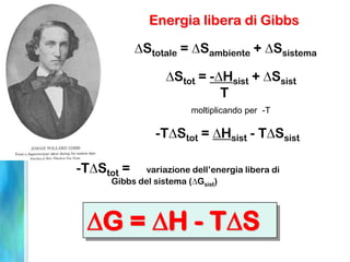 Energia libera di Gibbs
Stotale = Sambiente + Ssistema
Stot = - Hsist + Ssist
T
moltiplicando per -T
-T Stot = Hsist - T Ssist
-T Stot = variazione dell’energia libera di
Gibbs del sistema ( Gsist)
G = H - T S
 