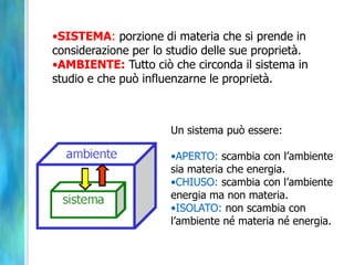 •SISTEMA: porzione di materia che si prende in
considerazione per lo studio delle sue proprietà.
•AMBIENTE: Tutto ciò che circonda il sistema in
studio e che può influenzarne le proprietà.
Un sistema può essere:
•APERTO: scambia con l’ambiente
sia materia che energia.
•CHIUSO: scambia con l’ambiente
energia ma non materia.
•ISOLATO: non scambia con
l’ambiente né materia né energia.
 