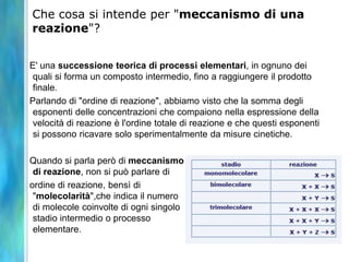Che cosa si intende per "meccanismo di una
reazione"?
E' una successione teorica di processi elementari, in ognuno dei
quali si forma un composto intermedio, fino a raggiungere il prodotto
finale.
Parlando di "ordine di reazione", abbiamo visto che la somma degli
esponenti delle concentrazioni che compaiono nella espressione della
velocità di reazione è l'ordine totale di reazione e che questi esponenti
si possono ricavare solo sperimentalmente da misure cinetiche.
Quando si parla però di meccanismo
di reazione, non si può parlare di
ordine di reazione, bensì di
"molecolarità",che indica il numero
di molecole coinvolte di ogni singolo
stadio intermedio o processo
elementare.
 