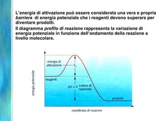 L’energia di attivazione può essere considerata una vera e propria
barriera di energia potenziale che i reagenti devono superare per
diventare prodotti.
Il diagramma profilo di reazione rappresenta la variazione di
energia potenziale in funzione dell’andamento della reazione a
livello molecolare.
 