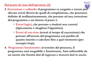 Dal punto di vista dell’operatore (2)
3. Esecuzione e collaudo: il programma va eseguito e testato per
   rilevare errori diversi da quelli di compilazione, che possiamo
   definire di malfunzionamento, che portano ad una correzione
   del programma e un ritorno al passo 1.
        • Errori logici, che portano a risultati non corretti
          (tipicamente è sbagliato l’algoritmo)
        • Errori di run-time (errori al tempo di esecuzione) che
          portano all’arresto del programma con perdita di
          quanto inserito o calcolato fino a quel momento (per
          esempio loop).
4. Programma funzionante: al termine del processo, il
   programma sarà eseguibile e funzionante. Sarà utilizzabile da
   un utente che fornirà dati di ingresso e ricaverà dati in uscita
 