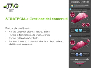 STRATEGIA > Gestione dei contenuti
Fare un piano editoriale:
• Parlare dei propri prodotti, attività, eventi
• Parlare di temi relativi alla propria attività
• Parlare del territorio/contesto
• Pensare a vere e proprie rubriche, temi di cui parlare,
stabilire una frequenza.
 