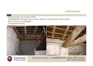 La ROCCA di Arnara


Orizzontamento: Travi, travetti e listelli;
DEGRADAZIONI: Inflessione trave e travetti, umidità eccessiva (possibile attacco biotico).
Nodo “non in asse con appoggio”;
Svergolamento travetto




 La Sapienza Università di        Laboratorio di Restauro –   Consolidamento degli Edifici Storici
Roma Facoltà di Architettura                                                        Arch. Nicola RUGGIERI
 