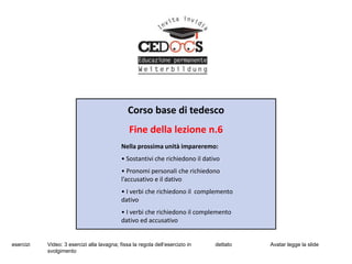 Corso base di tedesco
Fine della lezione n.6
Nella prossima unità impareremo:
• Sostantivi che richiedono il dativo
• Pronomi personali che richiedono
l’accusativo e il dativo
• I verbi che richiedono il complemento
dativo
• I verbi che richiedono il complemento
dativo ed accusativo
esercizi Video: 3 esercizi alla lavagna; fissa la regola dell‘esercizio in
svolgimento
dettato Avatar legge la slide
 