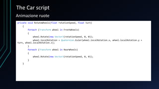 The Car script
private void RotateWheels(float rotationSpeed, float turn)
{
foreach (Transform wheel in FrontWheels)
{
wheel.Rotate(new Vector3(rotationSpeed, 0, 0));
wheel.localRotation = Quaternion.Euler(wheel.localRotation.x, wheel.localRotation.y +
turn, wheel.localRotation.z);
}
foreach (Transform wheel in RearWheels)
{
wheel.Rotate(new Vector3(rotationSpeed, 0, 0));
}
}
Animazione ruote
 