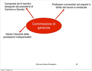 Composta da 9 membri,                              Professori universitari ed esperti in
       designati dai presidenti di                           diritto del lavoro e sindacale
       Camera e Senato




                                 Commissione di
                                   garanzia
      Valuta l’idoneità delle
    prestazioni indispensabili




                                     Dott.ssa Daniela Ramaglioni                28


martedì 10 maggio 2011
 