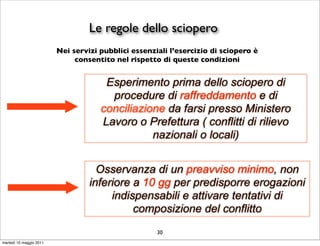 Le regole dello sciopero
                         Nei servizi pubblici essenziali l’esercizio di sciopero è
                              consentito nel rispetto di queste condizioni


                                      Esperimento prima dello sciopero di
                                       procedure di raffreddamento e di
                                     conciliazione da farsi presso Ministero
                                     Lavoro o Prefettura ( conflitti di rilievo
                                                nazionali o locali)


                                    Osservanza di un preavviso minimo, non
                                  inferiore a 10 gg per predisporre erogazioni
                                       indispensabili e attivare tentativi di
                                            composizione del conflitto
                                                     30
martedì 10 maggio 2011
 