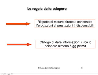 Le regole dello sciopero


                                Rispetto di misure dirette a consentire
                              l’erogazioni di prestazioni indispensabili




                                Obbligo di dare informazioni circa lo
                                   sciopero almeno 5 gg prima




                               Dott.ssa Daniela Ramaglioni    31


martedì 10 maggio 2011
 