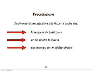 Precettazione

                         L’ordinanza di precettazione può disporre anche che:

                                       lo sciopero sia posticipato

                                       ne sia ridotta la durata

                                       che avvenga con modalità diverse




                                                   35
martedì 10 maggio 2011
 