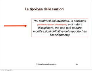 La tipologia delle sanzioni


                              Nei confronti dei lavoratori, la sanzione
                                (deliberata dalla Commissione) è di natura
                                 disciplinare, ma non può portare
                              modificazioni definitive del rapporto ( es
                                              licenziamento)




                                Dott.ssa Daniela Ramaglioni      38


martedì 10 maggio 2011
 