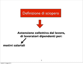 Deﬁnizione di sciopero



                         Astensione collettiva dal lavoro,
                          di lavoratori dipendenti per:


     motivi salariali



                                         7
martedì 10 maggio 2011
 