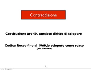 Contraddizione



        Costituzione art 40, sancisce diritto di sciopero


       Codice Rocco ﬁno al 1960,lo sciopero come reato
                            (art. 502-508)




                                   10
martedì 10 maggio 2011
 