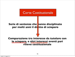 Corte Costituzionale


                  Serie di sentenze che hanno disciplinato
                    per molti anni il diritto di sciopero



                 Comparazione tra interesse da tutelare con
                   lo sciopero, e altri interessi aventi pari
                            rilievo costituzionale


                                       16
martedì 10 maggio 2011
 