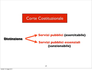 Corte Costituzionale


                               Servizi pubblici (esercitabile)
     Distinzione
                               Servizi pubblici essenziali
                                     (sanzionabile)




                                   17
martedì 10 maggio 2011
 