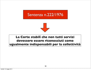Sentenza n.222/1976




                   La Corte stabilì che non tutti servizi
                    dovessero essere riconosciuti come
                ugualmente indispensabili per la collettività




                                      18
martedì 10 maggio 2011
 