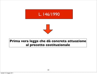 L. 146/1990




               Prima vera legge che dà concreta attuazione
                        al precetto costituzionale




                                    21
martedì 10 maggio 2011
 