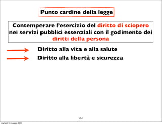Punto cardine della legge

         Contemperare l’esercizio del diritto di sciopero
        nei servizi pubblici essenziali con il godimento dei
                       diritti della persona
                         Diritto alla vita e alla salute
                         Diritto alla libertà e sicurezza




                                         23
martedì 10 maggio 2011
 
