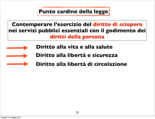 Punto cardine della legge

         Contemperare l’esercizio del diritto di sciopero
        nei servizi pubblici essenziali con il godimento dei
                       diritti della persona
                         Diritto alla vita e alla salute
                         Diritto alla libertà e sicurezza
                         Diritto alla libertà di circolazione




                                         23
martedì 10 maggio 2011
 