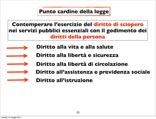 Punto cardine della legge

         Contemperare l’esercizio del diritto di sciopero
        nei servizi pubblici essenziali con il godimento dei
                       diritti della persona
                         Diritto alla vita e alla salute
                         Diritto alla libertà e sicurezza
                         Diritto alla libertà di circolazione
                         Diritto all’assistenza e previdenza sociale
                         Diritto all’istruzione




                                         23
martedì 10 maggio 2011
 