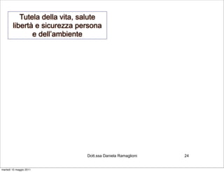 Tutela della vita, salute
        libertà e sicurezza persona
               e dell’ambiente




                               Dott.ssa Daniela Ramaglioni   24


martedì 10 maggio 2011
 