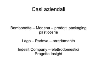 Casi aziendali Bombonette – Modena – prodotti packaging pasticceria Lago – Padova – arredamento Indesit Company – elettrodomestici Progetto Insight 