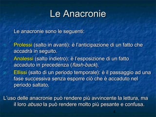 Le Anacronie
Le anacronie sono le seguenti:
1)

2)

3)

Prolessi (salto in avanti): è l’anticipazione di un fatto che
accadrà in seguito.
Analessi (salto indietro): è l’esposizione di un fatto
accaduto in precedenza (flash-back).
Ellissi (salto di un periodo temporale): è il passaggio ad una
fase successiva senza esporre ciò che è accaduto nel
periodo saltato.

L’uso delle anacronie può rendere più avvincente la lettura, ma
il loro abuso la può rendere molto più pesante e confusa.
4

 