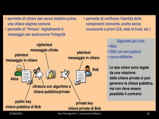 Crittografia asimmetrica e a chiave pubblicaUtilizzaunacoppia di chiavi per le operazioni di cifratura (encryption) e decifrazione (decryption).Unachiavedettapubblica (public key) vieneutilizzata per le operazioni di encryption. L’altrachiave, dettaprivata (private key), vieneutilizzata per le operazioni di decryption.A differenzadeicifrarisimmetrici non èpiùpresenteilproblemadellatrasmissionedellechiavi.E’ intrinsecamentesicurapoichéutilizzatecniche di tipomatematicobasatesullateoriadeinumeri, sullateoriadelle curve ellittiche, etc.