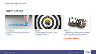 Digital Product Design - AA 2015-2016
Scuola di Economia e Studi aziendali© 2015 - Nicola Mattina
Accuratezza
Quanto erano accurate le ipotesi di
partenza?
Impatto
Com’è andato l’esperimento? Che
risultati hai ottenuto?
Perché?
La domanda più importante: perché hai
ottenuto quel risultato e non altri?
Che cosa ho imparato?
Step 5. Analyze
 