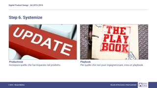 Digital Product Design - AA 2015-2016
Scuola di Economia e Studi aziendali© 2015 - Nicola Mattina
Productivize
Incorpora quello che hai imparato nel prodotto.
Playbook
Per quello che non puoi ingegnerizzare, crea un playbook.
Step 6. Systemize
 