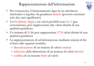 Rappresentazione dell’informazione
• Per costruzione, il funzionamento logico di un calcolatore
  elettronico è regolato da grandezze binarie (possono assumere
  solo due stati significativi)
• Un bit (binary digit), i cui valori possibili sono 0 e 1 (per
  convenzione), può rappresentare due valori distinti di una
  qualsiasi grandezza
• Un insieme di N bit può rappresentare 2^N valori distinti di una
  qualsiasi grandezza
• La rappresentazione di un’informazione mediante insiemi di bit
  si basa sulle seguenti tecniche:
   – discretizzazione di un insieme di valori continui
   – riduzione della dimensione di un insieme di valori discreti
   – codifica di un insieme finito di valori

                                                               20
 