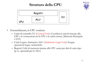 Struttura della CPU

                          Registri
                                                      CU
                           ALU
          CPU


• Essenzialmente, la CPU contiene
   – Unità di controllo CU (Control Unit): Coordina le attività interne alla
     CPU e le connessioni tra la CPU e le unità esterne (Memoria Principale
     e I/O)
   – Unità Logico-Aritmetica ALU (Arithmetic Logic Unit): Esegue
     operazioni logico-aritmetiche
   – Registri: Celle di memoria interne alla CPU usate per dati di vario tipo
     (p. es. operandi per la ALU)


                                                                           28
 