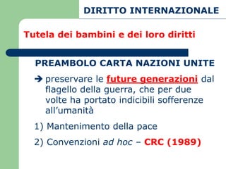 DIRITTO INTERNAZIONALE

Tutela dei bambini e dei loro diritti


  PREAMBOLO CARTA NAZIONI UNITE
   preservare le future generazioni dal
    flagello della guerra, che per due
    volte ha portato indicibili sofferenze
    all’umanità
  1) Mantenimento della pace
  2) Convenzioni ad hoc – CRC (1989)
 