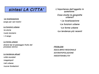 sintesi LA CITTA’
La localizzazione
sorge per vari motivi
Le funzioni urbane
•la storia
•ruolo terziario

L’importanza dell’oggetto in
questione:
Cosa studia la geografia
urbana?
• La localizzazione
•Le funzioni urbane
•Le forme urbane
•Le tendenze più recenti

• il rango

Le forme urbane
diversi tipi di paesaggio frutto del
processo storico

PROBLEMI
SQUILIBRIO REGIONALE

Le tendenze attuali
•città mondiali
•megalopoli
•reti urbane
•nuove fondazioni

SOVRAPOPOLAZIONE
INSOSTENIBILITA’

 