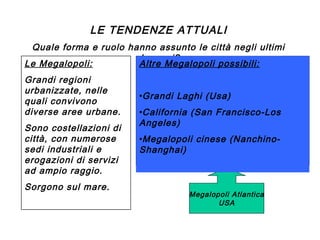 LE TENDENZE ATTUALI
Quale forma e ruolo hanno assunto le città negli ultimi
decenni?
Le Megalopoli:
Altre Megalopoli possibili:
Grandi regioni
urbanizzate, nelle
quali convivono
diverse aree urbane.
Sono costellazioni di
città, con numerose
sedi industriali e
erogazioni di servizi
ad ampio raggio.
Sorgono sul mare.

•Grandi Laghi (Usa)
•California (San Francisco-Los
Angeles)
•Megalopoli cinese (NanchinoShanghai)

Megalopoli
Megalopoli Atlantica
Giapponese
USA

 