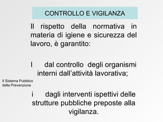 Il rispetto della normativa in materia di igiene e sicurezza del lavoro, è garantito:    dal controllo  degli organismi interni dall’attività lavorativa;     dagli interventi ispettivi delle strutture pubbliche preposte alla vigilanza. CONTROLLO E VIGILANZA Il Sistema Pubblico della Prevenzione 