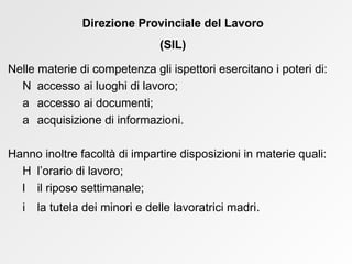 Nelle materie di competenza gli ispettori esercitano i poteri di:    accesso ai luoghi di lavoro;    accesso ai documenti;    acquisizione di informazioni. Hanno inoltre facoltà di impartire disposizioni in materie quali:    l’orario di lavoro;    il riposo settimanale;    la tutela dei minori e delle lavoratrici madri . Direzione Provinciale del Lavoro (SIL) 