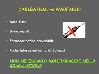 DABIGATRAN vs WARFARIN
• Dose fissa
• Breve emivita
• Farmacocinetica prevedibile
• Poche interazioni con altri farmaci
• NON NECESSARIO MONITORAGGIO DELLA
COAGULAZIONE
X
 