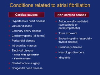 Conditions related to atrial fibrillation
• Hypertensive heart disease
• Valvular disease
• Coronary artery disease
• Cardiomyopathy (all forms)
• Pericardial disease
• Intracardiac masses
• Electrical disease
- Sinus node dysfunction
- Familial causes
• Cardiothoracic surgery
• Congenital heart disease
• Autonomically mediated
(sympathetic or
parasympathetic)
• Toxin expoxure
• Endocrinopathy (especially
thyroid disease)
• Pulmonary disease
• Neurologic disorders
• Idiopathic
Cardiac causes Non cardiac causes
 