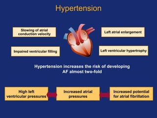 Increased potential
for atrial fibrillation
Increased atrial
pressures
Hypertension
High left
ventricular pressures
Hypertension increases the risk of developing
AF almost two-fold
Slowing of atrial
conduction velocity
Impaired ventricular filling
Left atrial enlargement
Left ventricular hypertrophy
 