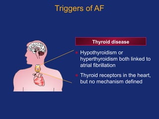 Triggers of AF
Thyroid disease
• Hypothyroidism or
hyperthyroidism both linked to
atrial fibrillation
• Thyroid receptors in the heart,
but no mechanism defined
 
