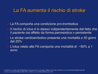 La FA aumenta il rischio di strokeLa FA aumenta il rischio di stroke
• La FA comporta una condizione pro-tromboticaLa FA comporta una condizione pro-trombotica
• Il rischio di ictus è lo stesso indipendentemente dal fatto cheIl rischio di ictus è lo stesso indipendentemente dal fatto che
il paziente sia affetto da forma parossistica o persistenteil paziente sia affetto da forma parossistica o persistente
• Lo stroke cardioembolico presenta una mortalità a 30 giorniLo stroke cardioembolico presenta una mortalità a 30 giorni
del 25%del 25%
• L’ictus relato alla FA comporta una mortalità di ~50% a 1L’ictus relato alla FA comporta una mortalità di ~50% a 1
annoanno
1. Wolf PA, et al. Stroke 1991;22:983-988; 2. Rosamond W et al. Circulation. 2008;117:e25–146; 3.Hart RG, et al. J Am Coll Cardiol 2000;35:183-187;
4. Lin H-J, et al. Stroke 1996; 27:1760-1764; 5. Marini C, et al. Stroke 2005;36:1115-1119.
 