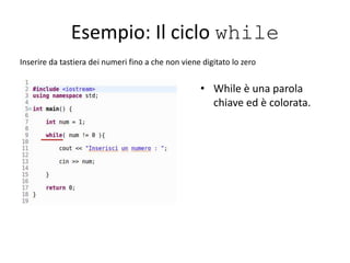 Esempio: Il ciclo while
Inserire da tastiera dei numeri fino a che non viene digitato lo zero
• While è una parola
chiave ed è colorata.
 
