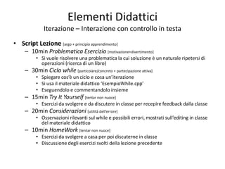 Elementi Didattici
Iterazione – Interazione con controllo in testa
• Script Lezione [argo + principio apprendimento]
– 10min Problematica Esercizio [motivazione+divertimento]
• Si vuole risolvere una problematica la cui soluzione è un naturale ripetersi di
operazioni (ricerca di un libro)
– 30min Ciclo while [particolare/concreto + partecipazione attiva]
• Spiegare cos’è un ciclo e cosa un’iterazione
• Si usa il materiale didattico ‘EsempioWhile.cpp’
• Eseguendolo e commentandolo insieme
– 15min Try It Yourself [tentar non nuoce]
• Esercizi da svolgere e da discutere in classe per recepire feedback dalla classe
– 20min Considerazioni [utilità dell’errore]
• Osservazioni rilevanti sul while e possibili errori, mostrati sull’editing in classe
del materiale didattico
– 10min HomeWork [tentar non nuoce]
• Esercizi da svolgere a casa per poi discuterne in classe
• Discussione degli esercizi svolti della lezione precedente
 